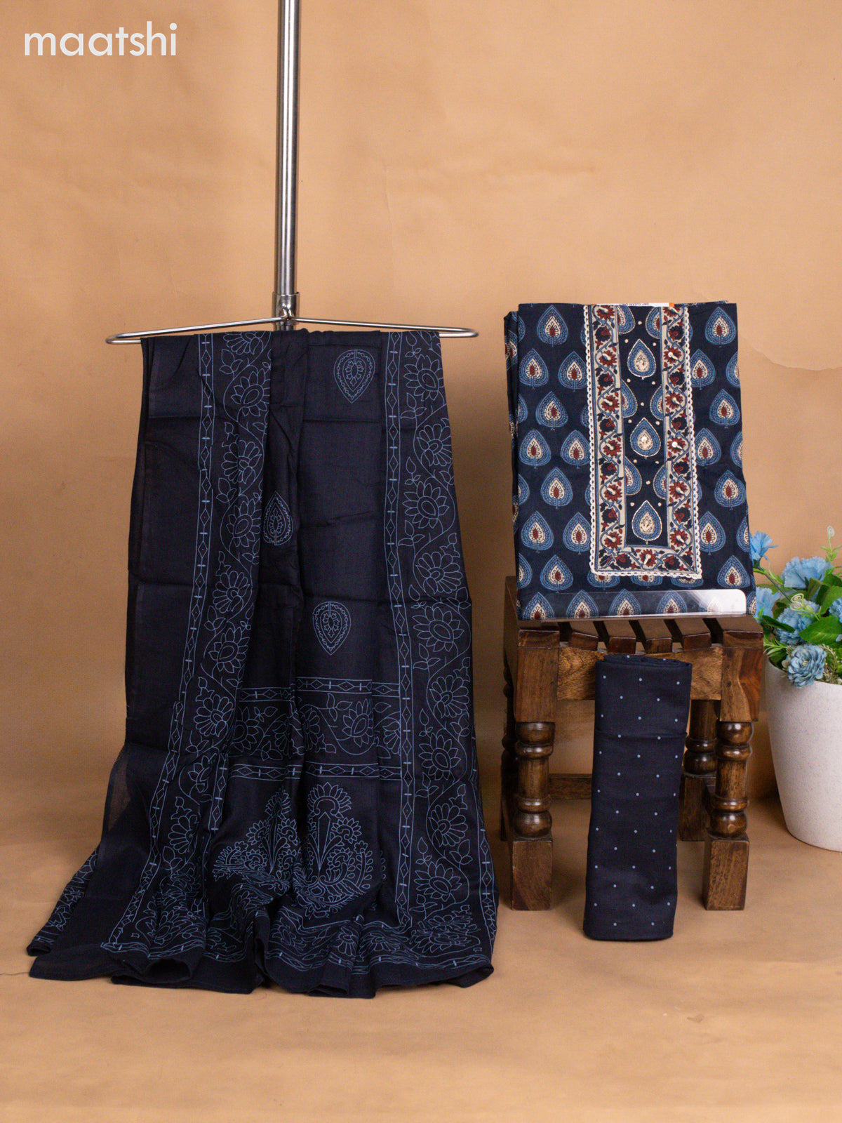 Cotton dress material navy blue with allover buttas & embroidery work neck pattern and bottom & dupatta