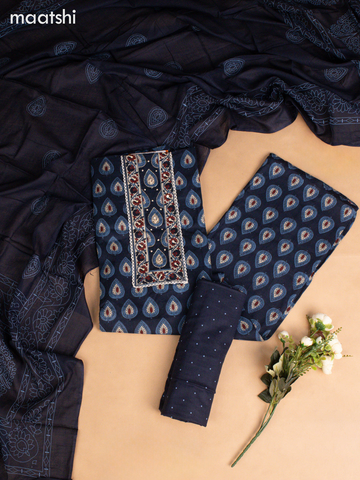 Cotton dress material navy blue with allover buttas & embroidery work neck pattern and bottom & dupatta