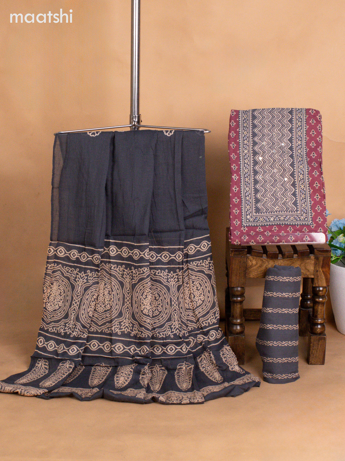 Cotton dress material mauve pink and grey with allover buttas & embroidery mirror work neck pattern and bottom & dupatta