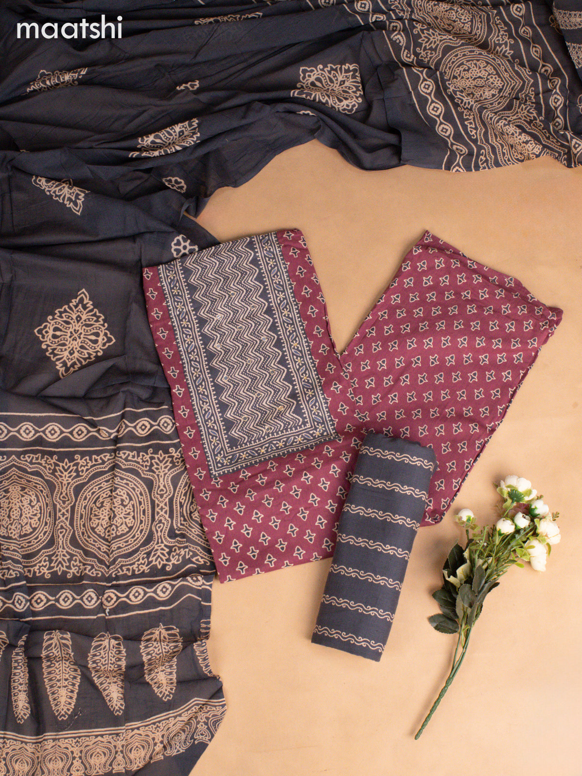 Cotton dress material mauve pink and grey with allover buttas & embroidery mirror work neck pattern and bottom & dupatta