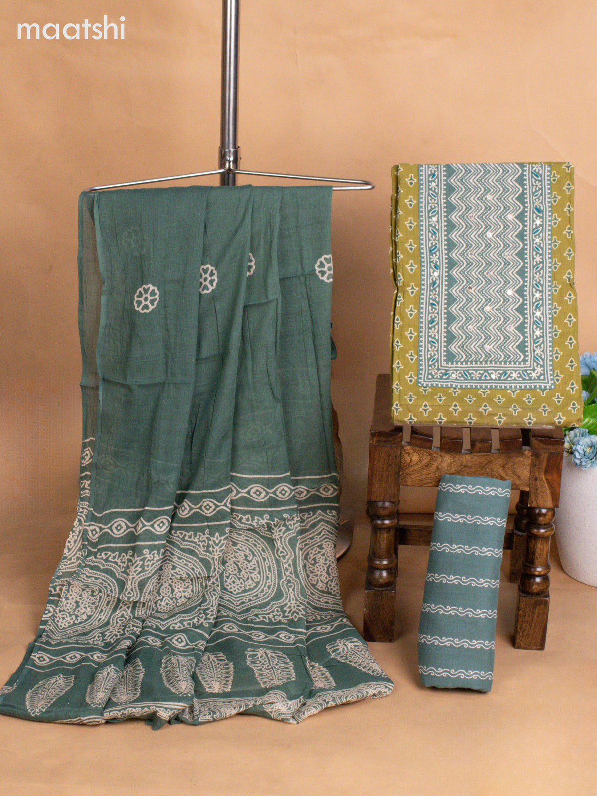 Cotton dress material mehandi green and teal green with allover buttas & embroidery mirror work neck pattern and bottom & dupatta