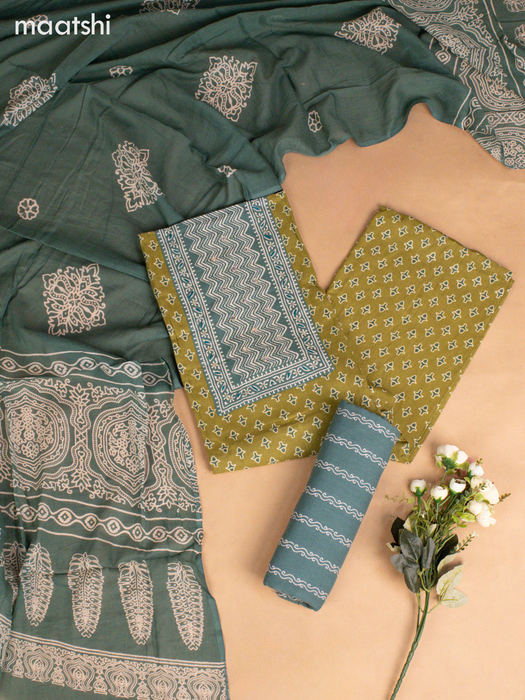 Cotton dress material mehandi green and teal green with allover buttas & embroidery mirror work neck pattern and bottom & dupatta
