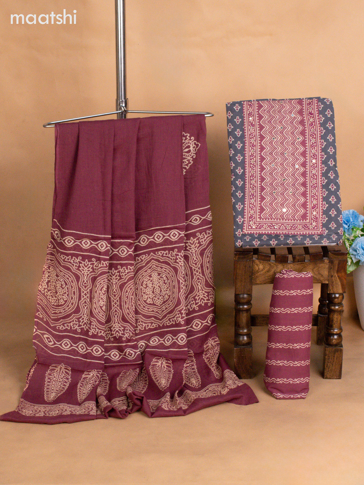 Cotton dress material dark grey and wine shade with allover buttas & embroidery mirror work neck pattern and bottom & dupatta