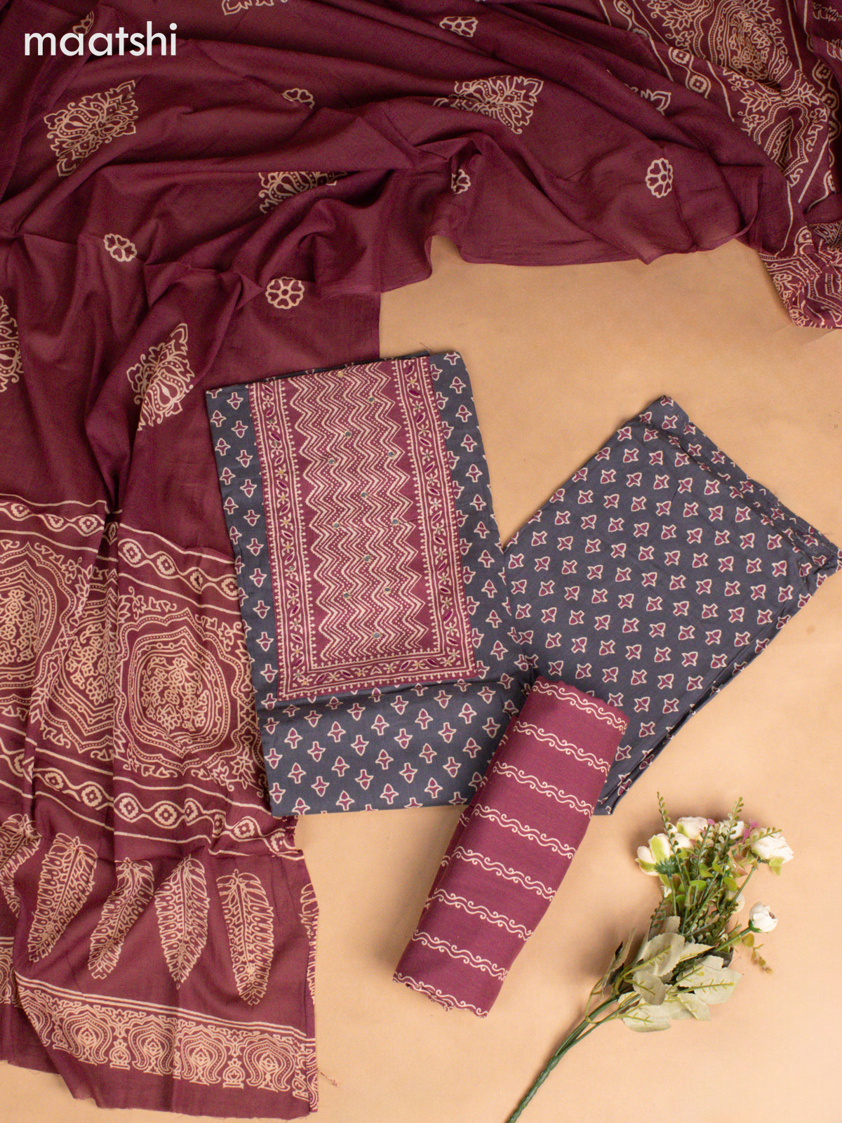 Cotton dress material dark grey and wine shade with allover buttas & embroidery mirror work neck pattern and bottom & dupatta