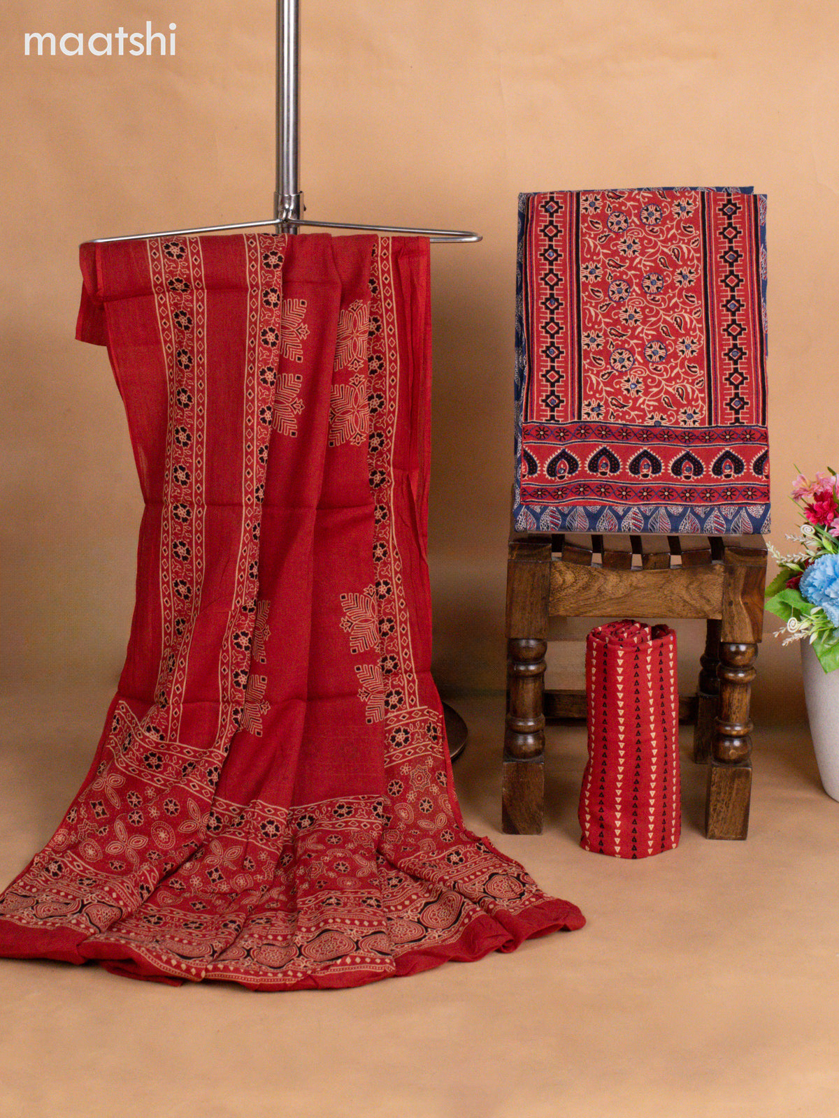 Cotton dress material blue and maroon with allover butta prints & ajrakh patch work neck pattern and bottom & dupatta
