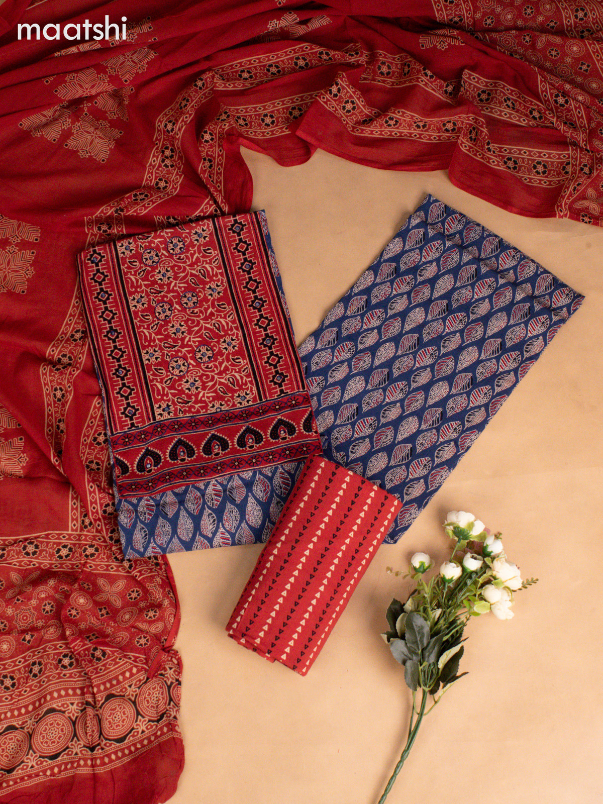 Cotton dress material blue and maroon with allover butta prints & ajrakh patch work neck pattern and bottom & dupatta
