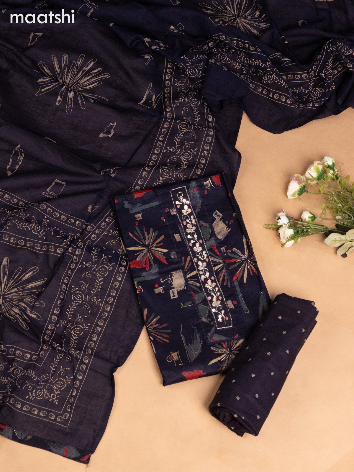 Cotton dress material deep navy blue with allover prints & embroidery sequin work neck pattern and bottom & dupatta