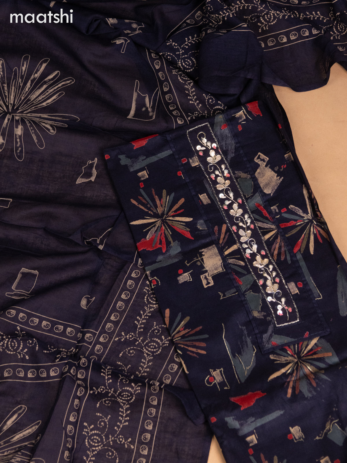 Cotton dress material deep navy blue with allover prints & embroidery sequin work neck pattern and bottom & dupatta