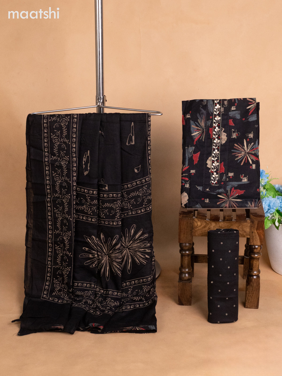 Cotton dress material black with allover prints & embroidery sequin work neck pattern and bottom & dupatta