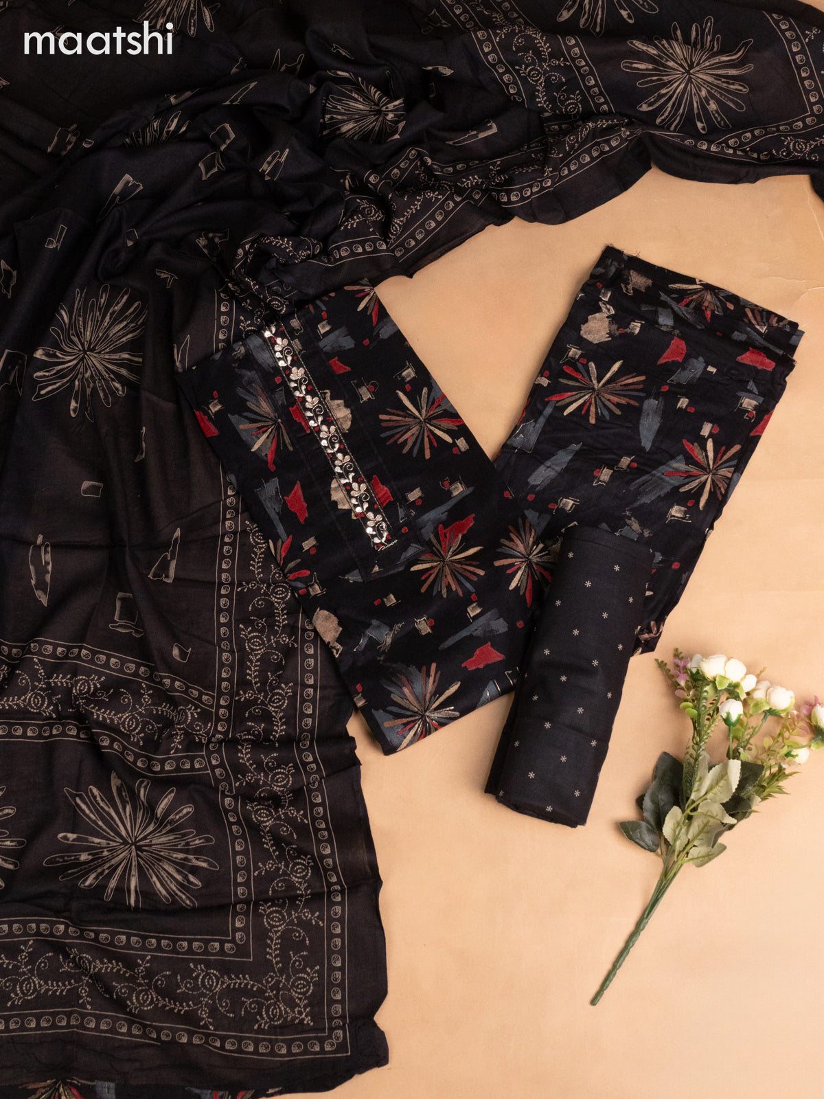 Cotton dress material black with allover prints & embroidery sequin work neck pattern and bottom & dupatta