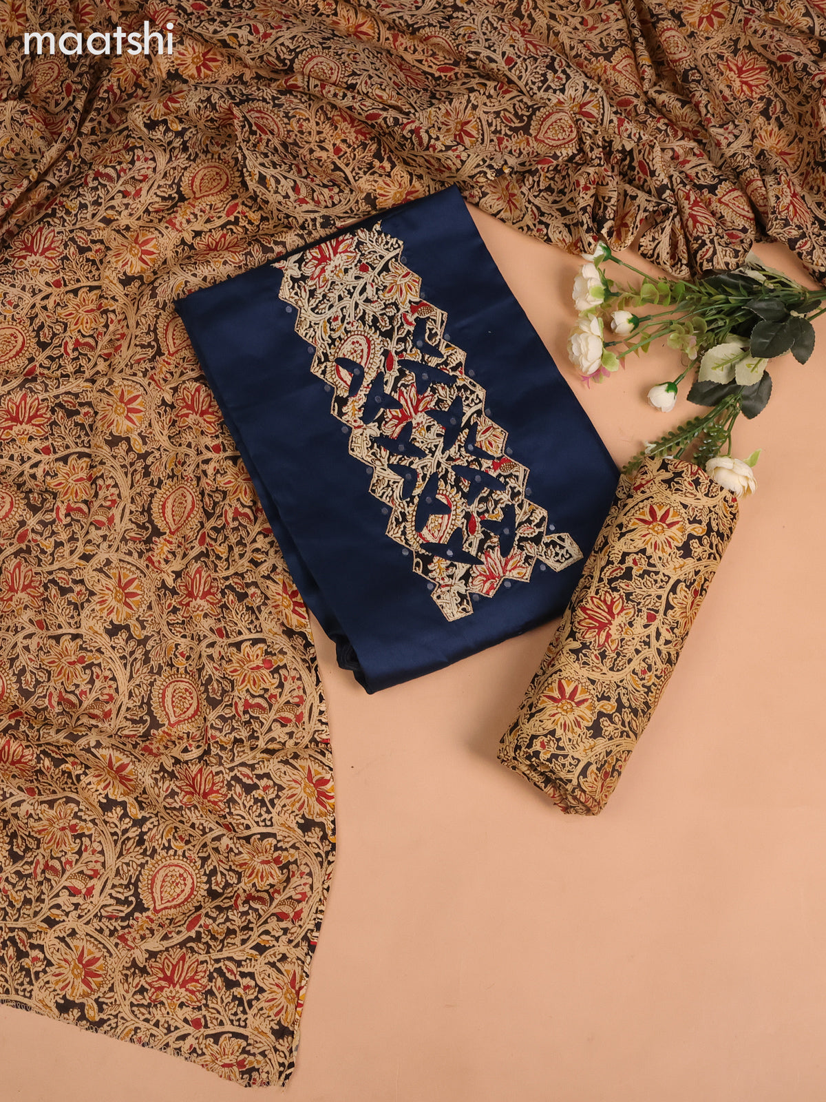 Cotton dress material peacock blue and black beige with kalamkari prints patch neck pattern and bottom & kalamkari dupatta