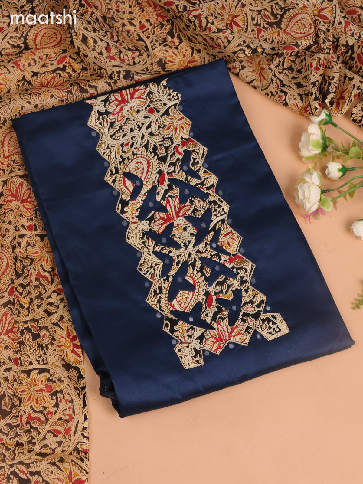 Cotton dress material peacock blue and black beige with kalamkari prints patch neck pattern and bottom & kalamkari dupatta