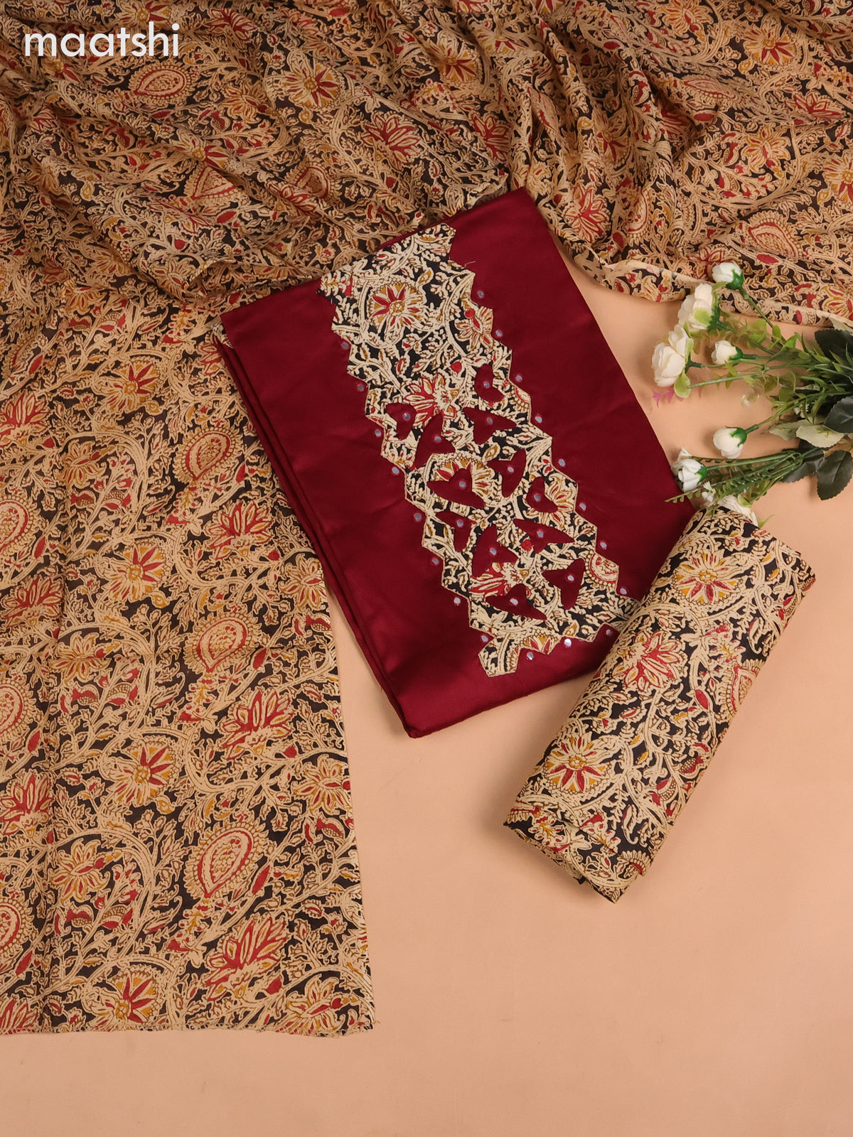 Cotton dress material maroon and black beige with kalamkari prints patch neck pattern and bottom & kalamkari dupatta