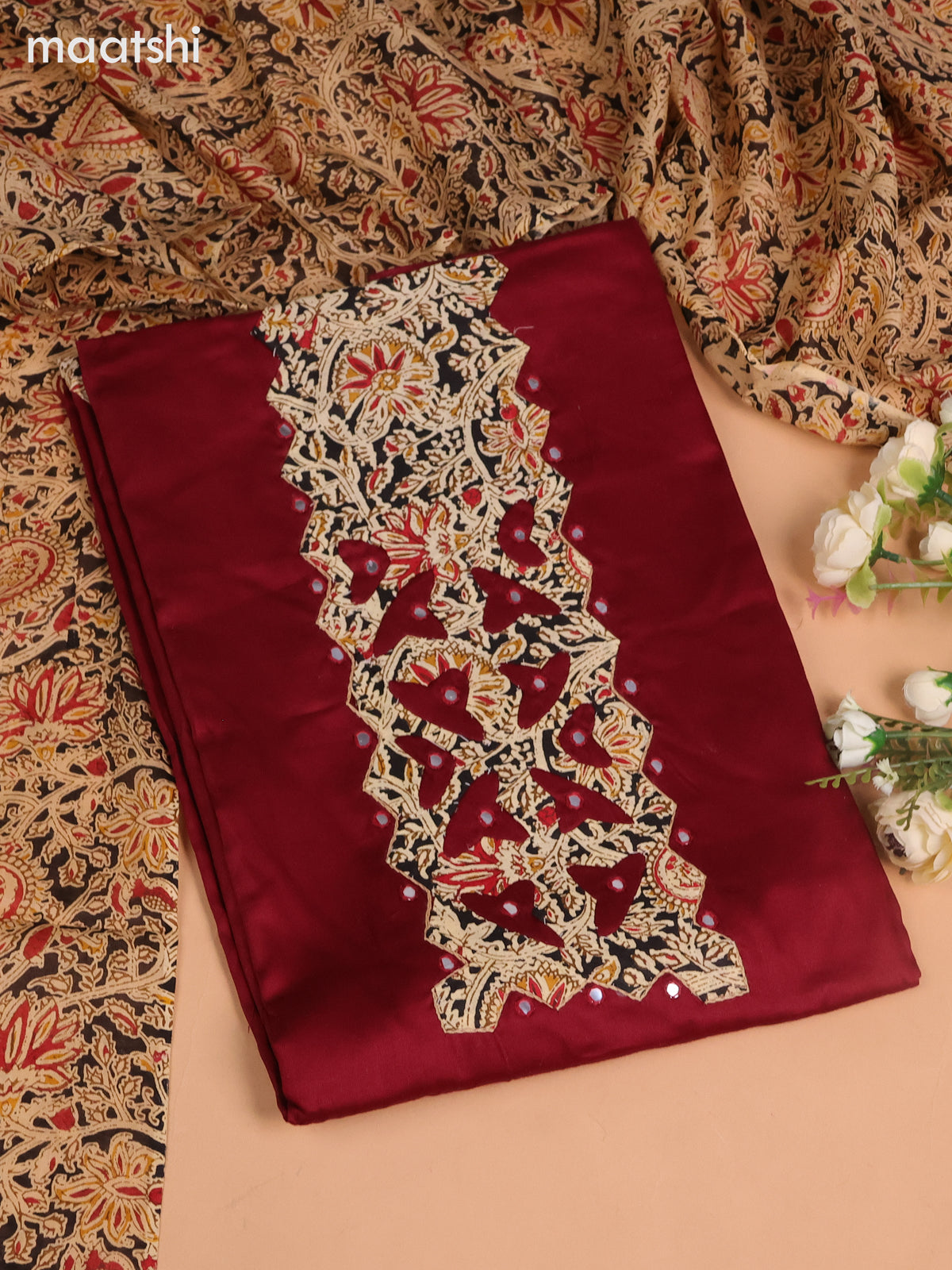 Cotton dress material maroon and black beige with kalamkari prints patch neck pattern and bottom & kalamkari dupatta