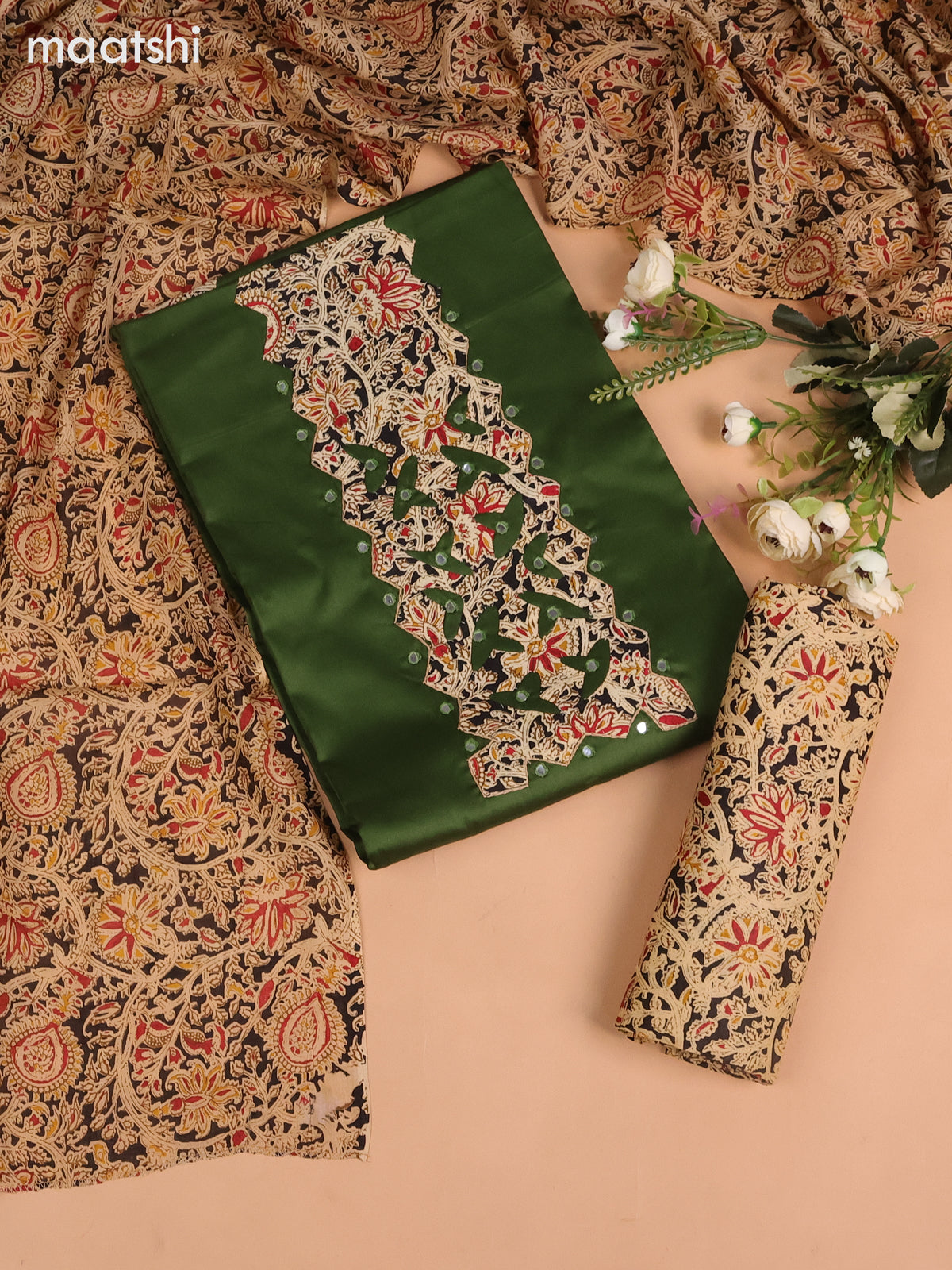 Cotton dress material green and black beige with kalamkari prints patch neck pattern and bottom & kalamkari dupatta