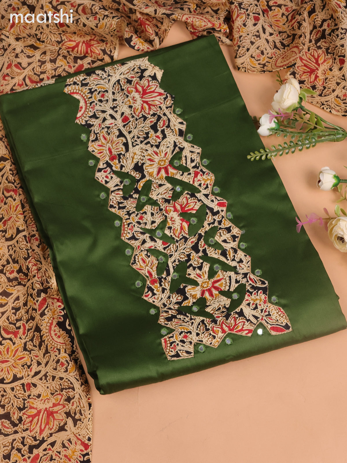 Cotton dress material green and black beige with kalamkari prints patch neck pattern and bottom & kalamkari dupatta