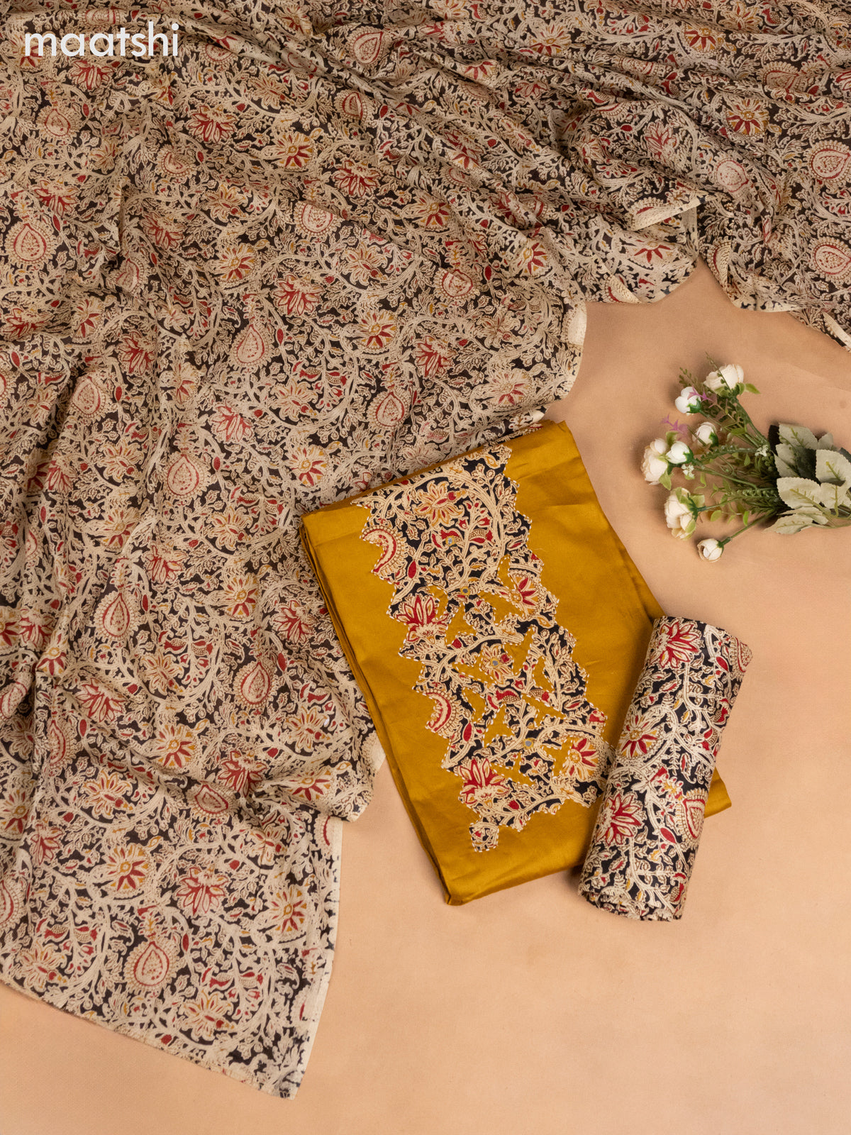 Cotton dress material mustard yellow and black beige with kalamkari prints patch neck pattern and bottom & kalamkari dupatta
