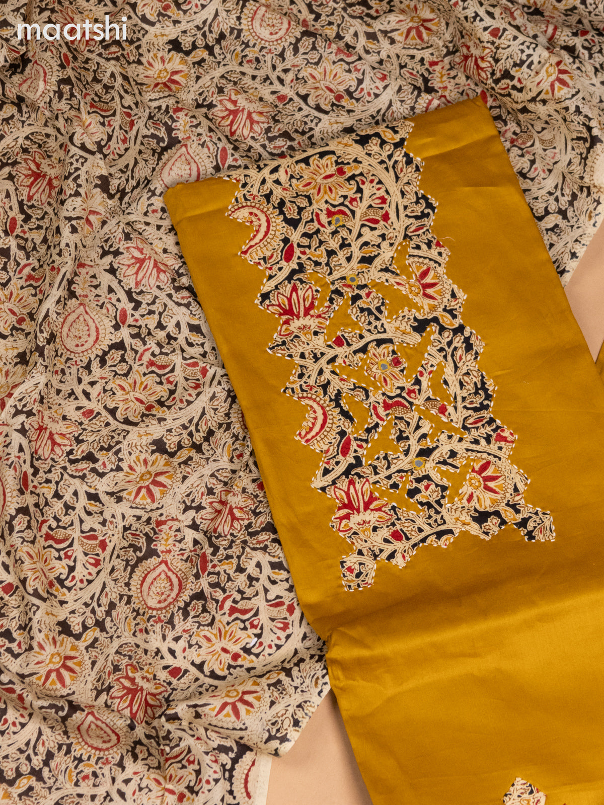 Cotton dress material mustard yellow and black beige with kalamkari prints patch neck pattern and bottom & kalamkari dupatta