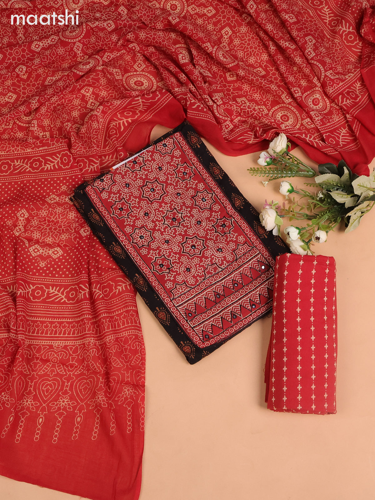 Cotton dress material black and rustic marron with allover butta prints & ajrakh patch work neck pattern and bottom & ajrakh dupatta
