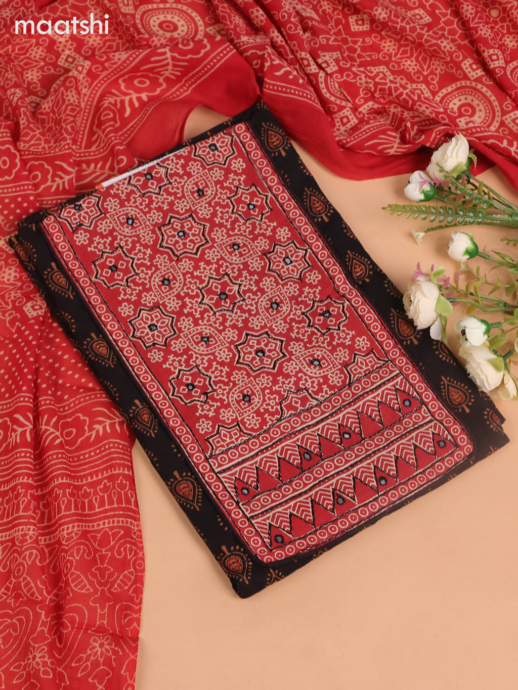 Cotton dress material black and rustic marron with allover butta prints & ajrakh patch work neck pattern and bottom & ajrakh dupatta