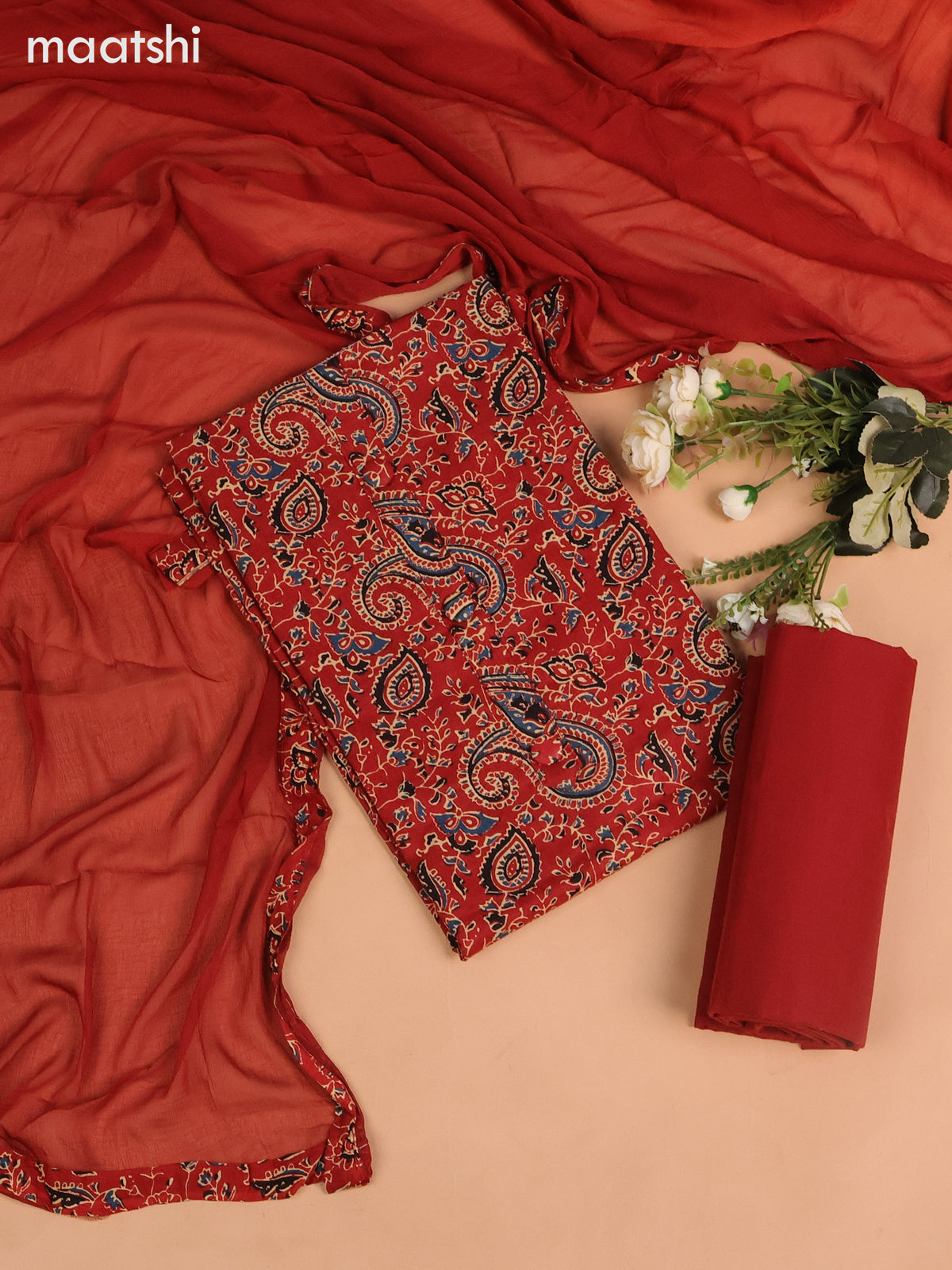 Cotton dress material maroon with allover ajrakh prints and bottom & chiffon dupatta
