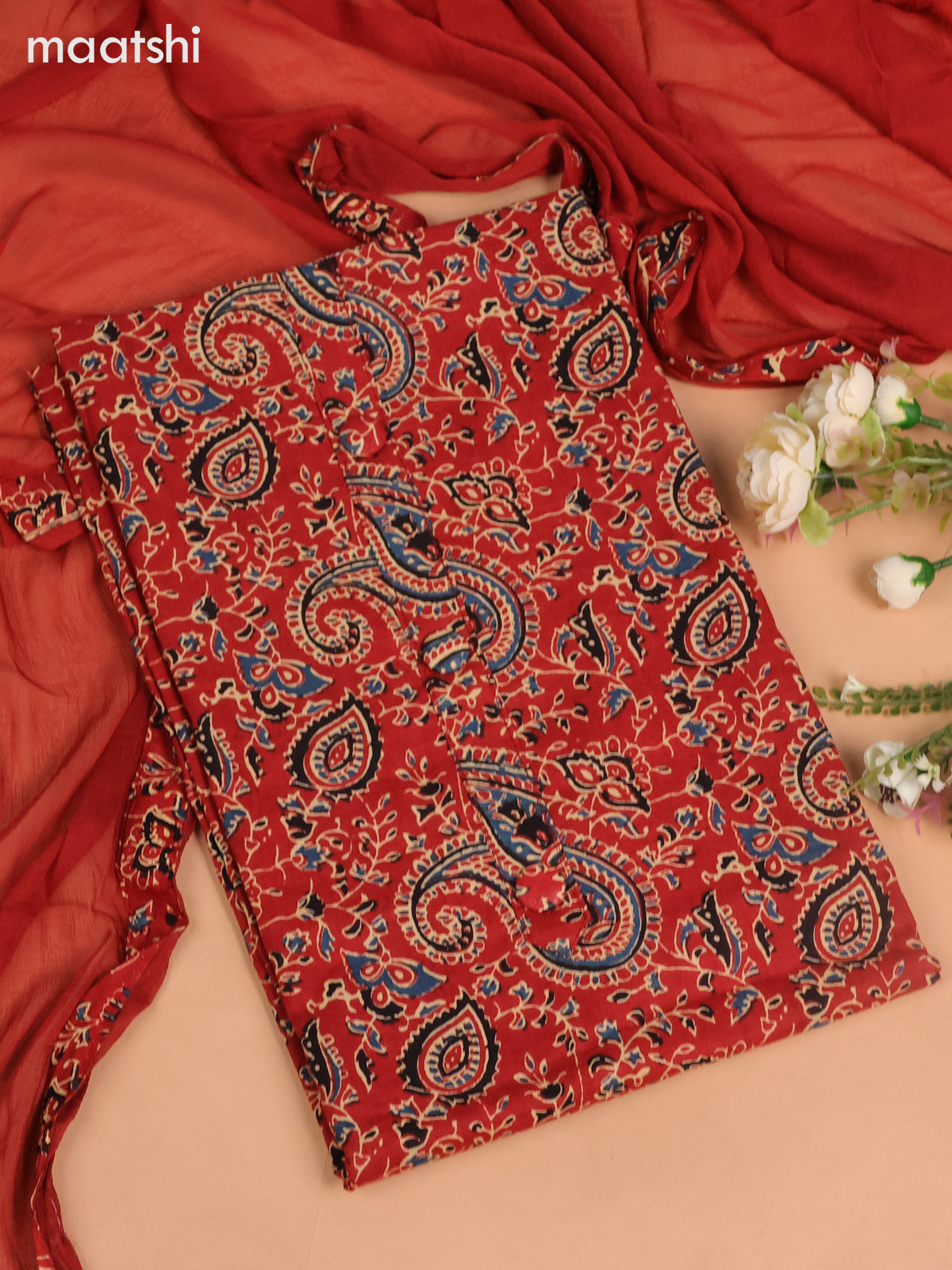 Cotton dress material maroon with allover ajrakh prints and bottom & chiffon dupatta