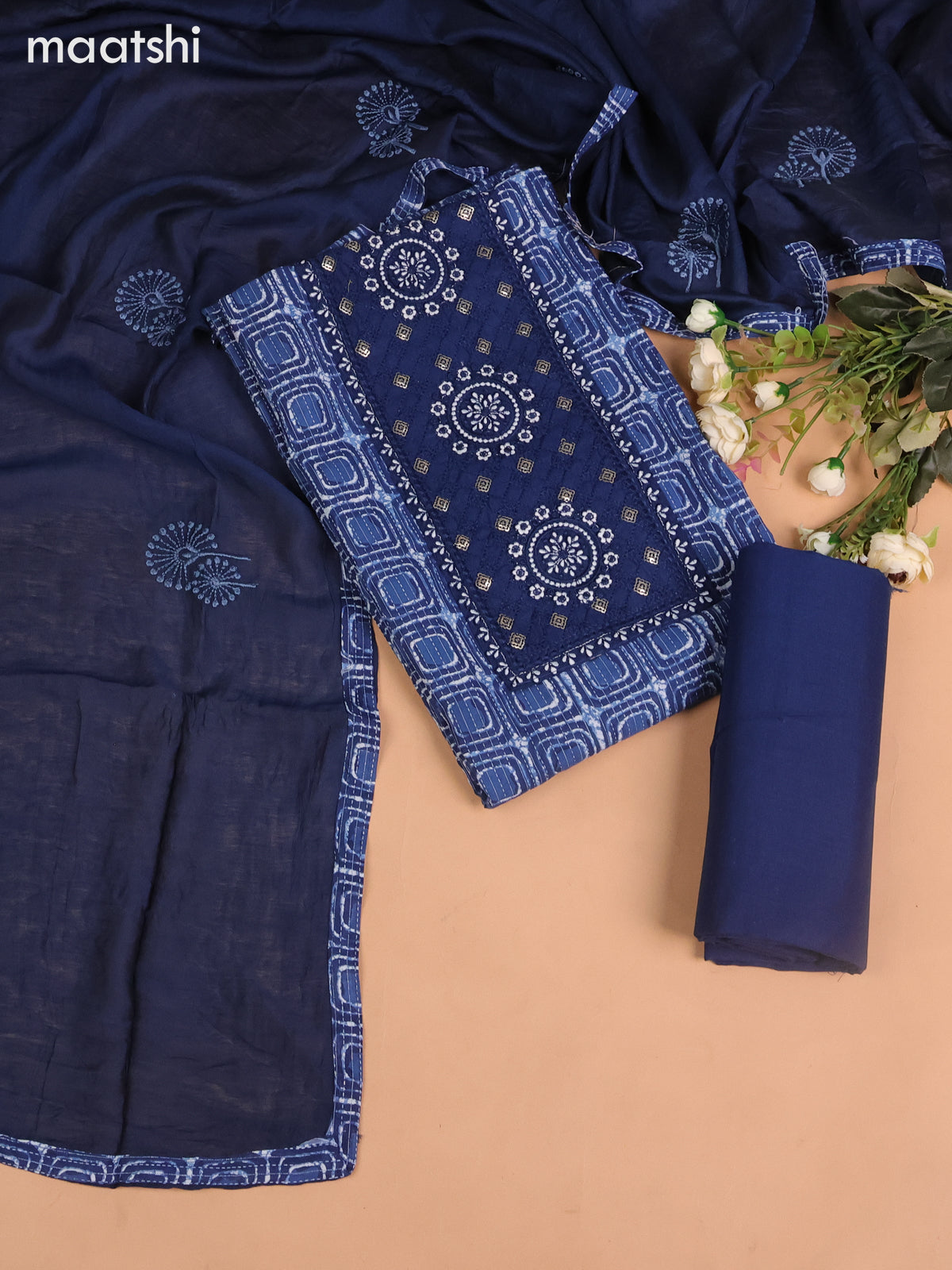 Cotton dress material indigo blue with allover batik prints & embroidery sequin work neck work pattern