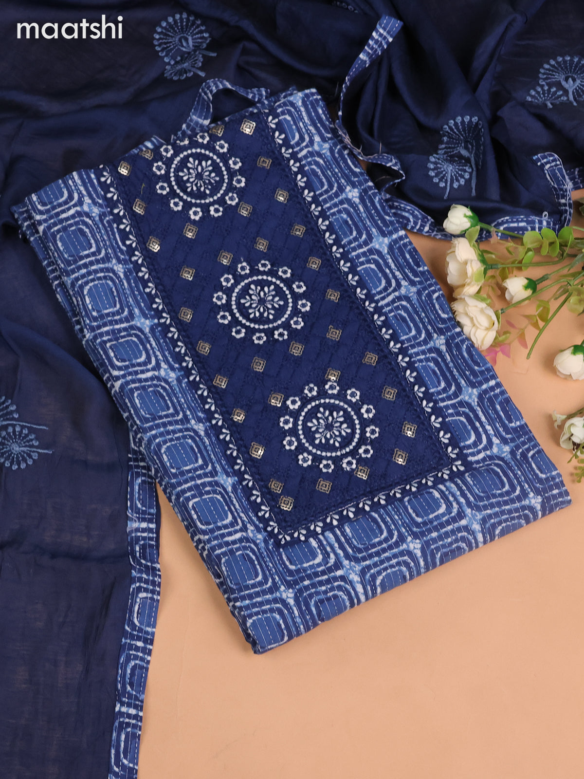 Cotton dress material indigo blue with allover batik prints & embroidery sequin work neck work pattern