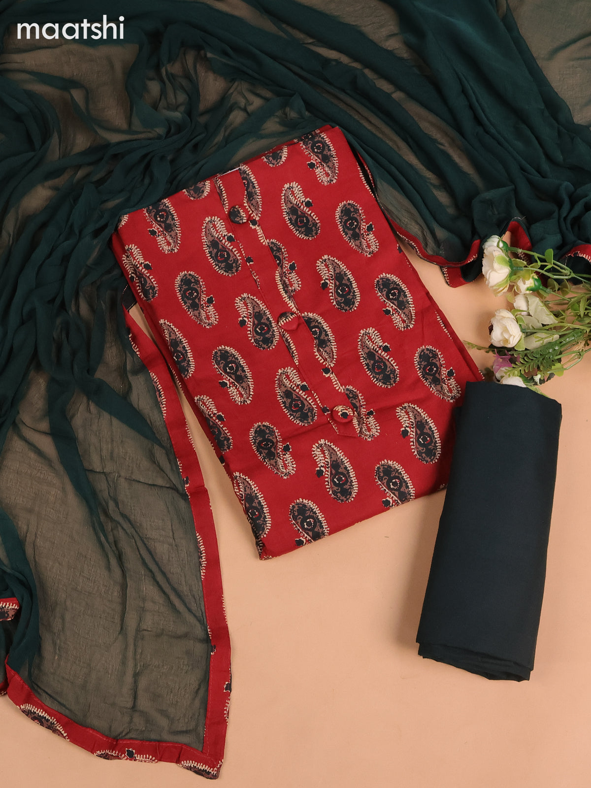 Cotton dress material maroon and bottle green with allover paisley butta prints & simple neck pattern and bottom & chiffon dupatta