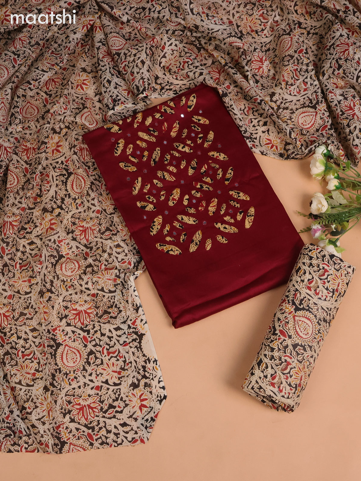 Cotton dress material maroon and black beige with kalamkari prints & mirror work neck pattern and bottom & kalamkari dupatta