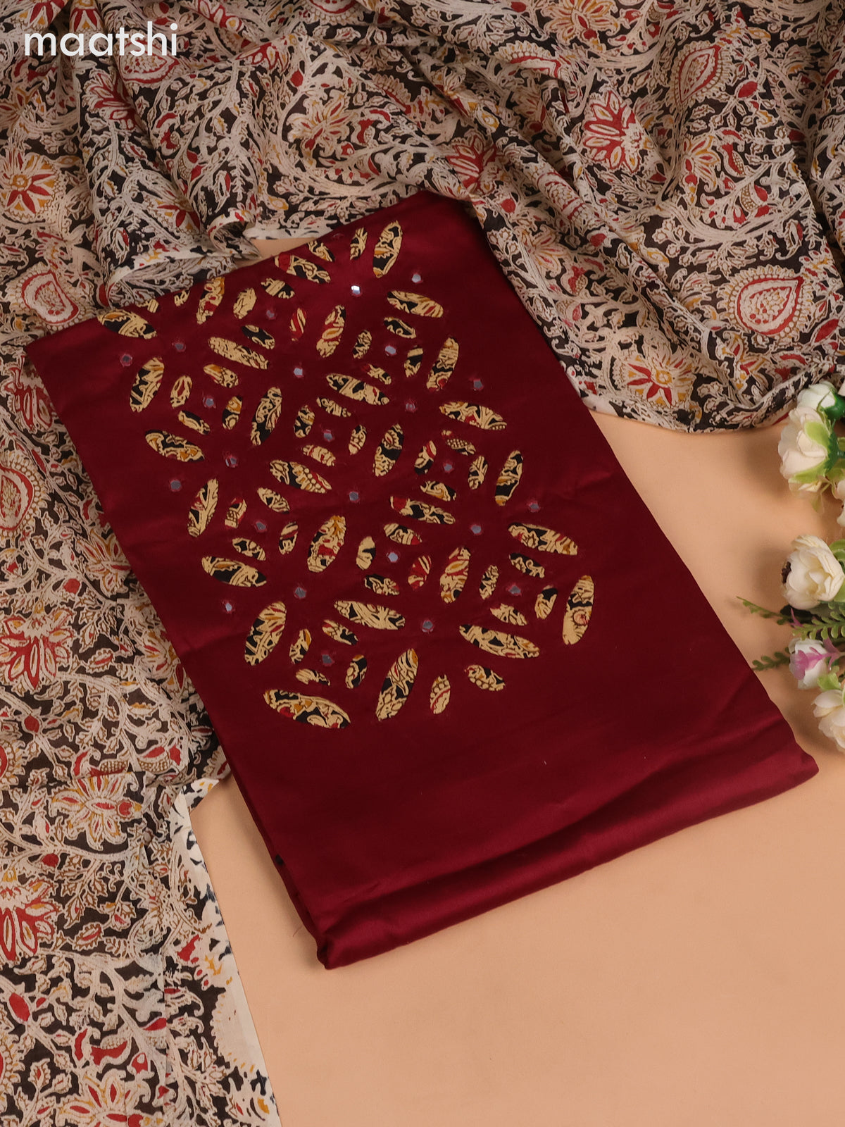 Cotton dress material maroon and black beige with kalamkari prints & mirror work neck pattern and bottom & kalamkari dupatta