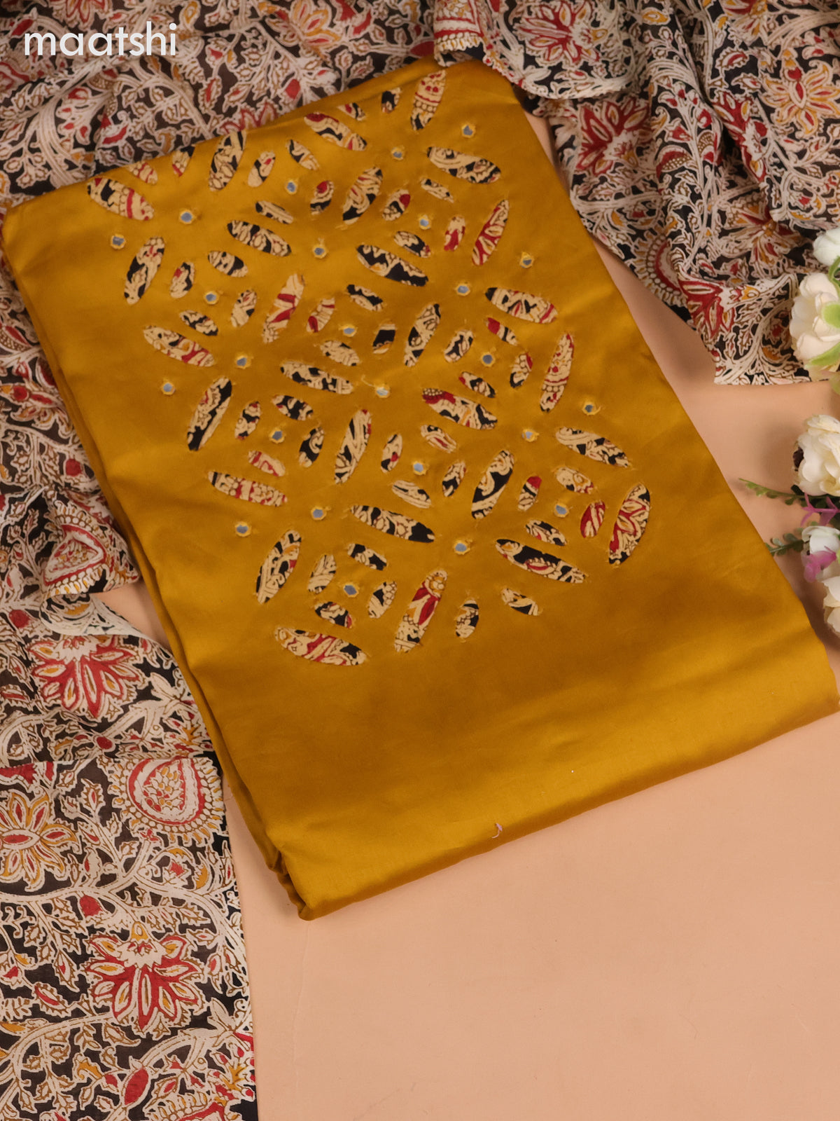 Cotton dress material mustard yellow and black beige with kalamkari prints & mirror work neck pattern and bottom & kalamkari dupatta