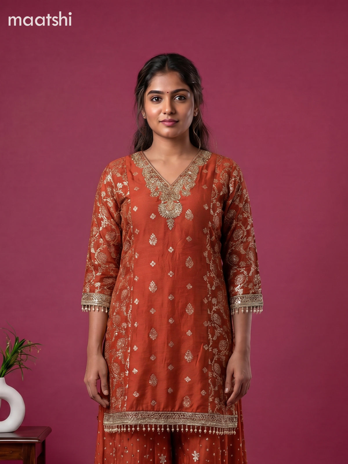 Dark Rust Art Tussar Embroidery Work Anarkali Suit