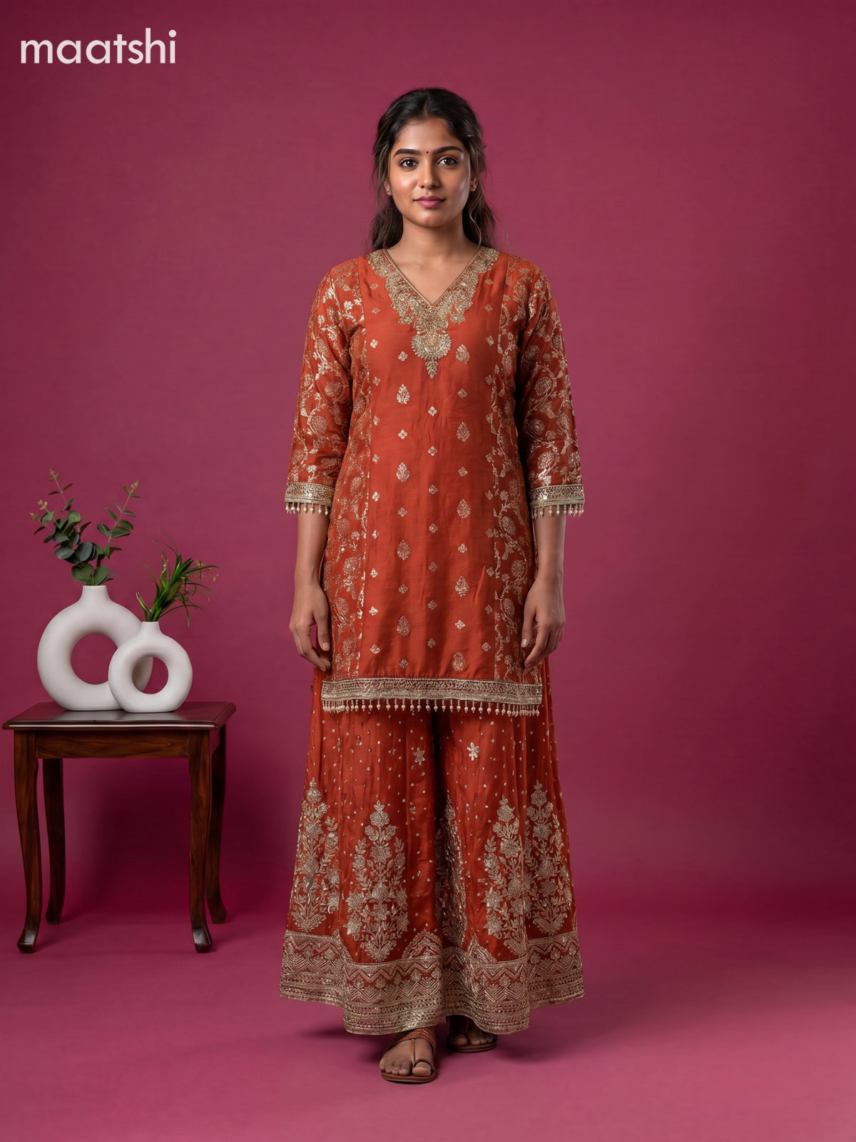 Dark Rust Art Tussar Embroidery Work Anarkali Suit