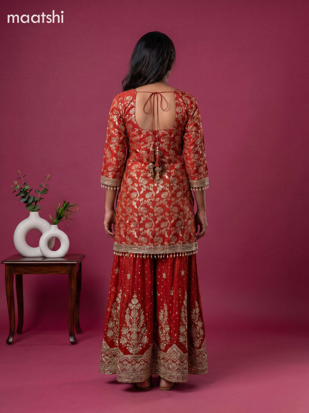 Dark Rust Art Tussar Embroidery Work Anarkali Suit
