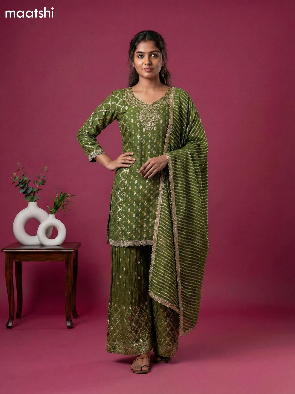 Dark Sap Green Chinnon Silk Embroidery Work Straight Suit
