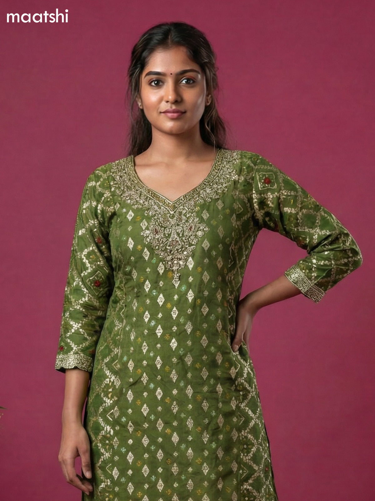 Dark Sap Green Chinnon Silk Embroidery Work Straight Suit
