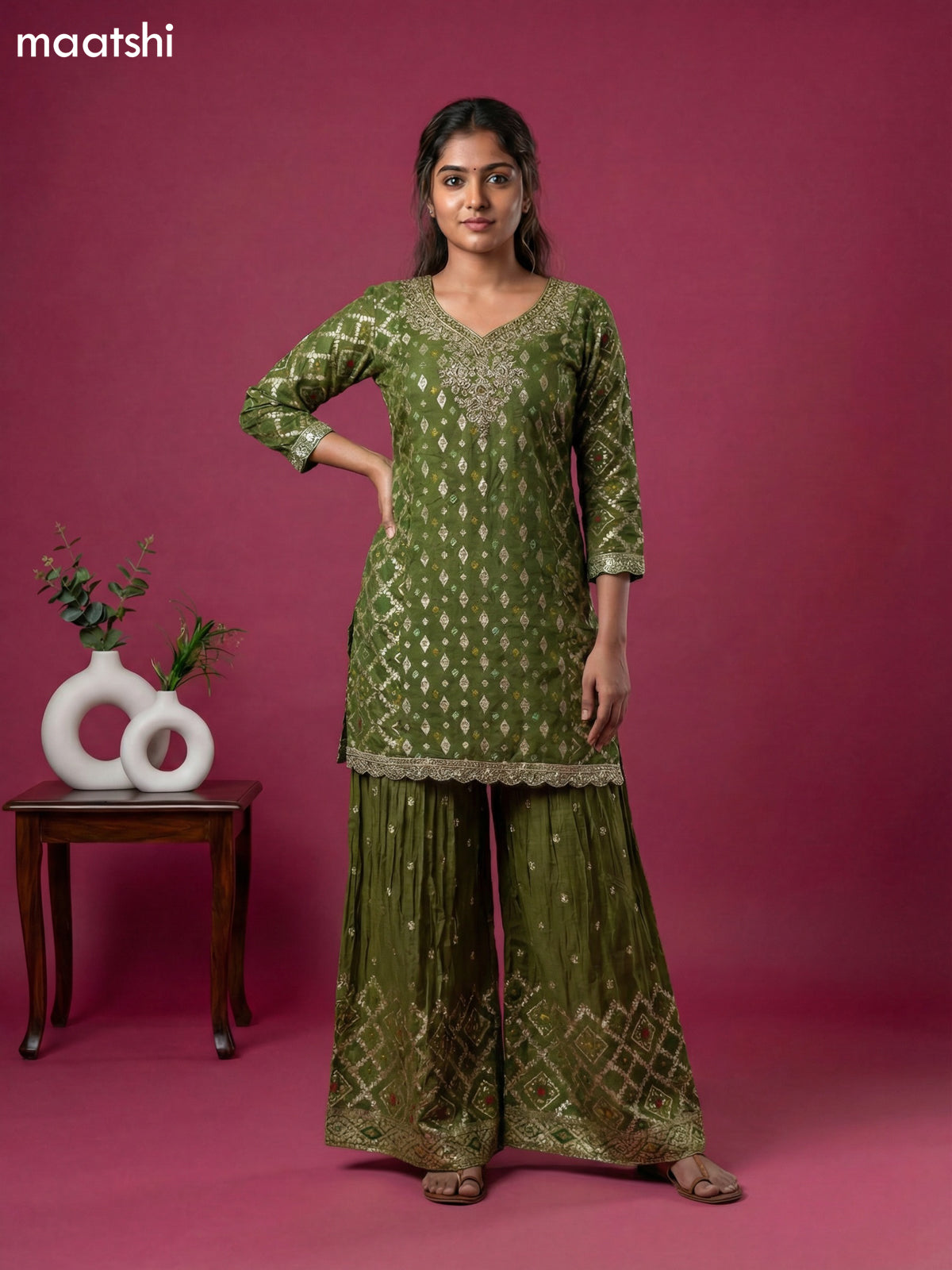 Dark Sap Green Chinnon Silk Embroidery Work Straight Suit