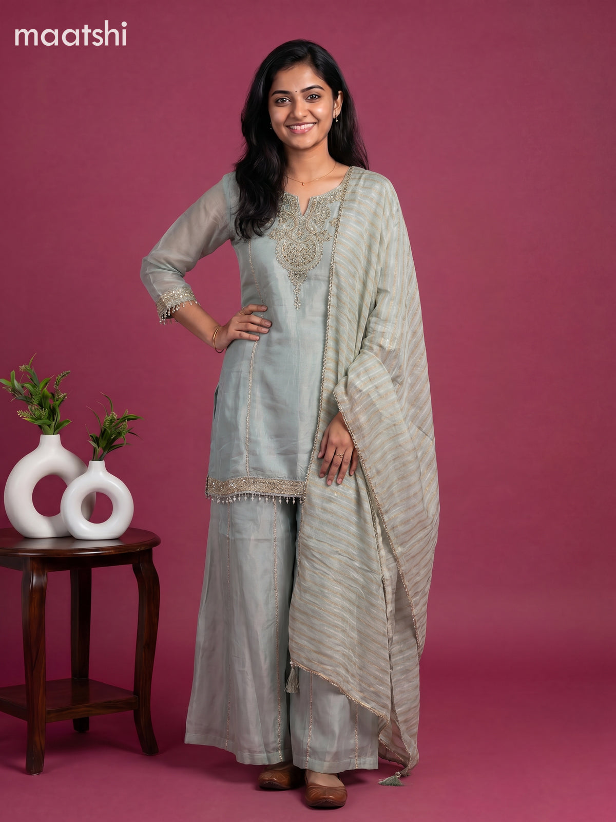 Pastel Blue Tissue Party Wear Embroidery Work Straight Suit