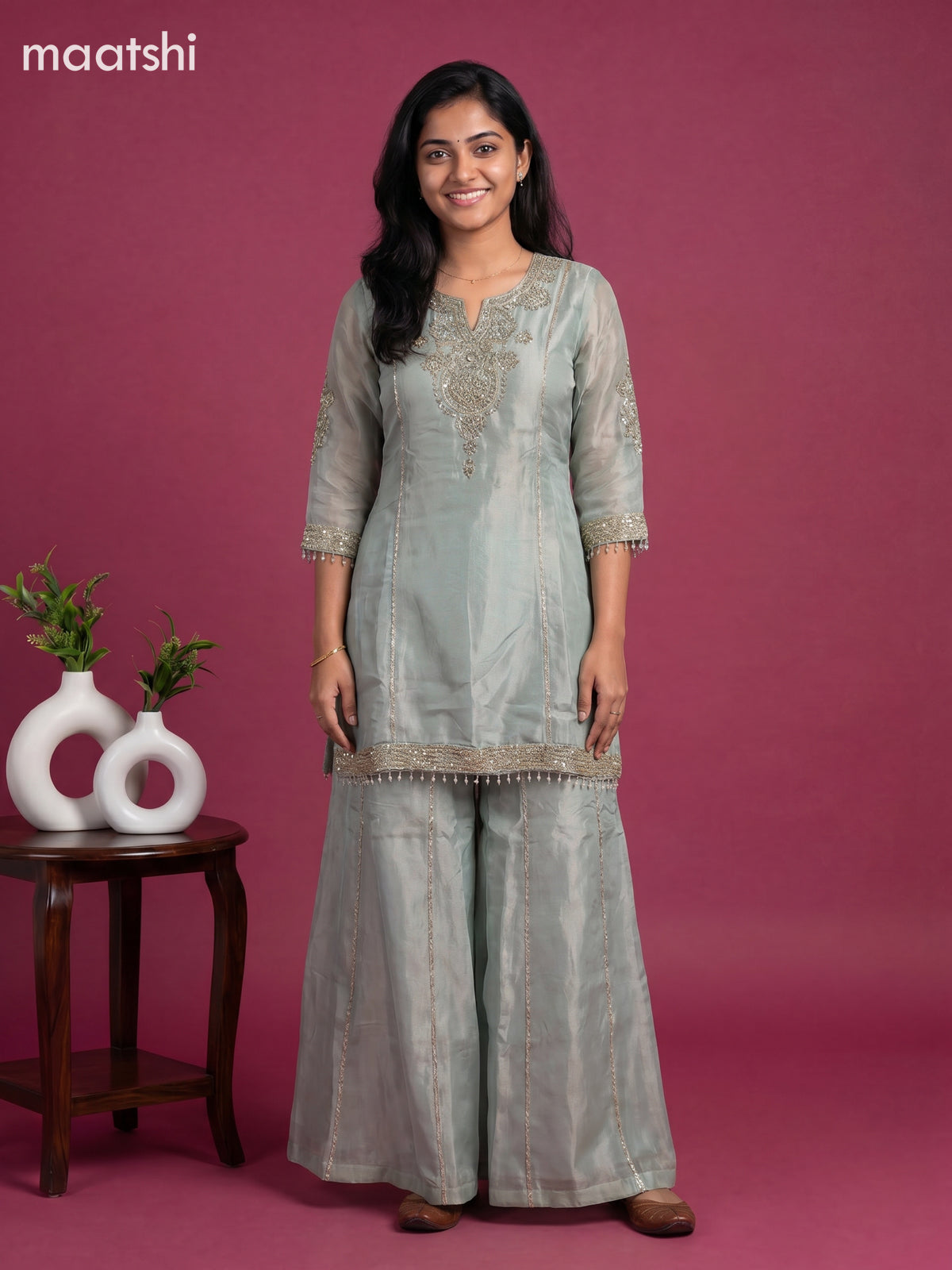 Pastel Blue Tissue Party Wear Embroidery Work Straight Suit