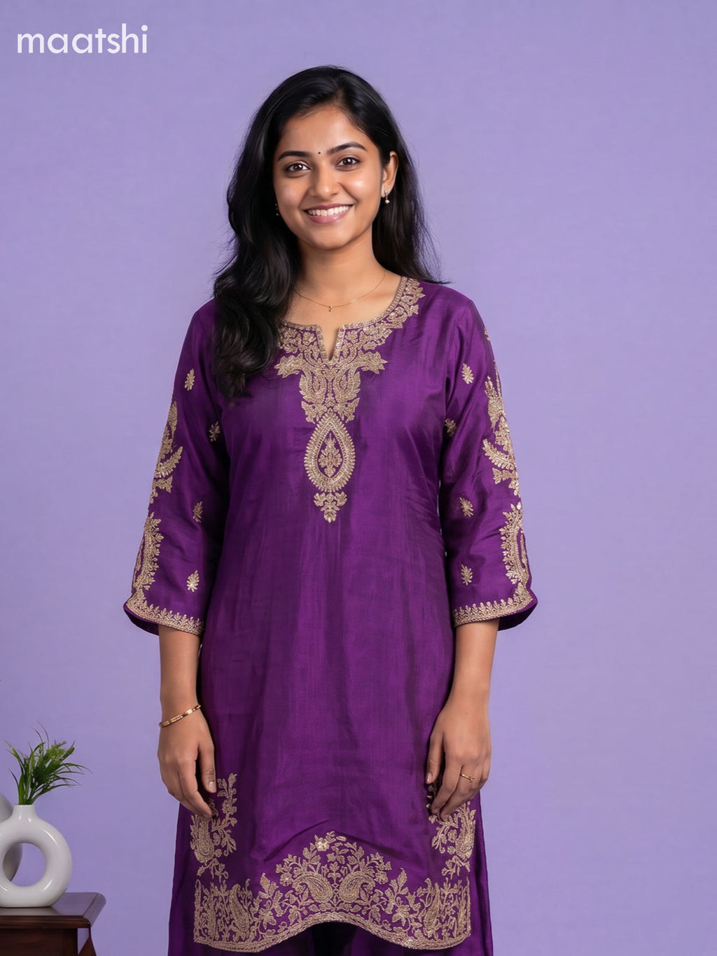 Violet Art Tussar Embroidery Work Straight Suit