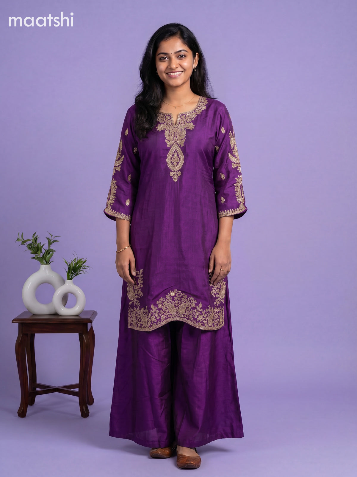 Violet Art Tussar Embroidery Work Straight Suit