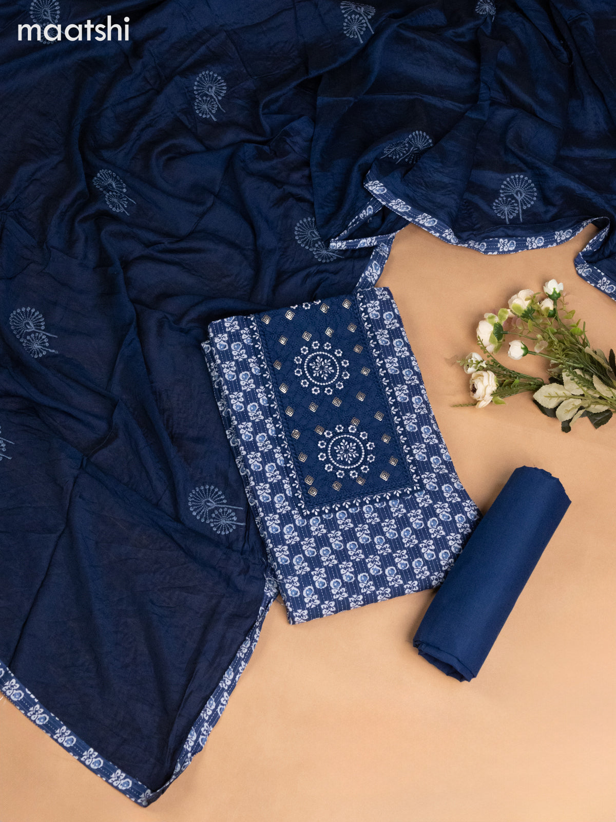 Cotton dress material indigo blue with allover batik butta prints & embroidery sequin work neck pattern and bottom & dupatta