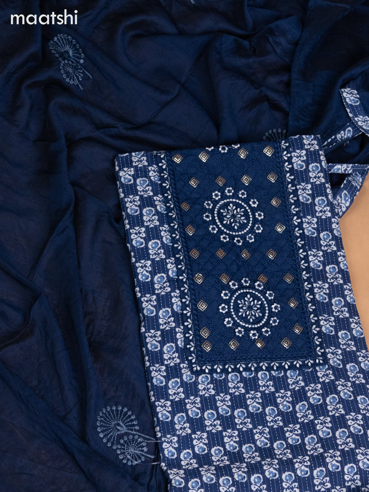Cotton dress material indigo blue with allover batik butta prints & embroidery sequin work neck pattern and bottom & dupatta