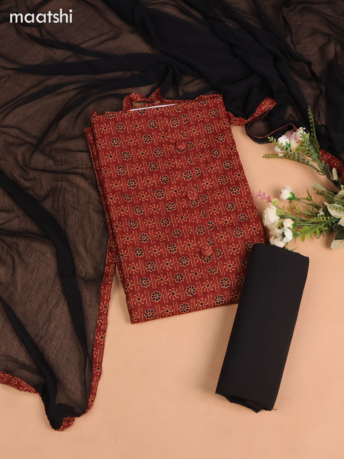 Cotton dress material rustic maroon and black with allover ajrakh prints and bottom & chiffon dupatta