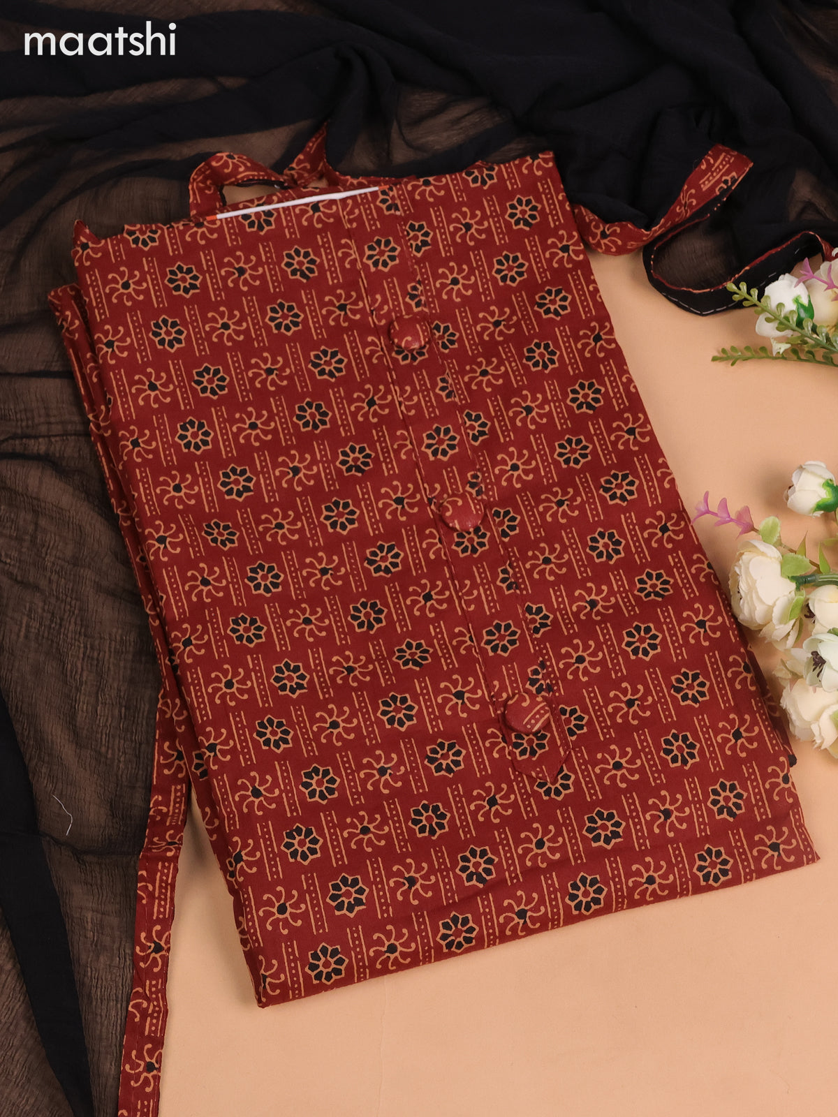 Cotton dress material rustic maroon and black with allover ajrakh prints and bottom & chiffon dupatta