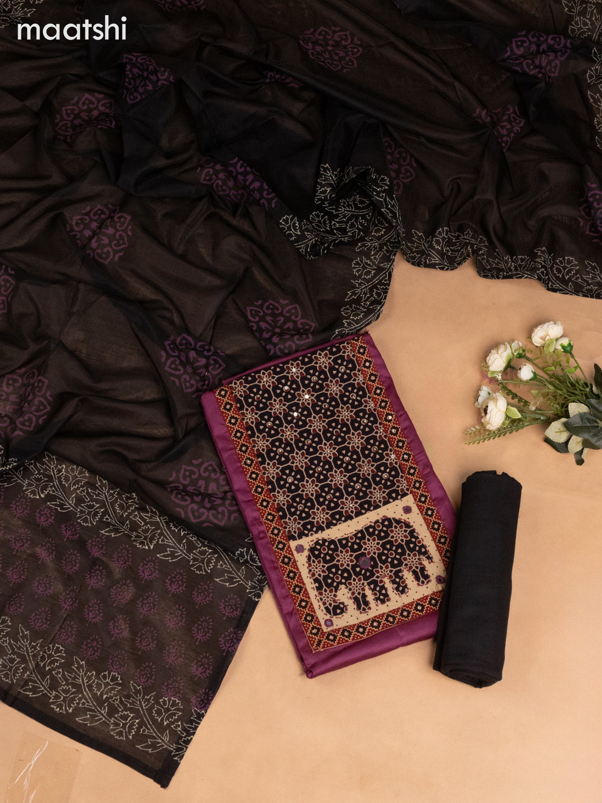 Cotton dress material mauve pink and black with ajrakh patck neck work pattern and bottom & dupatta