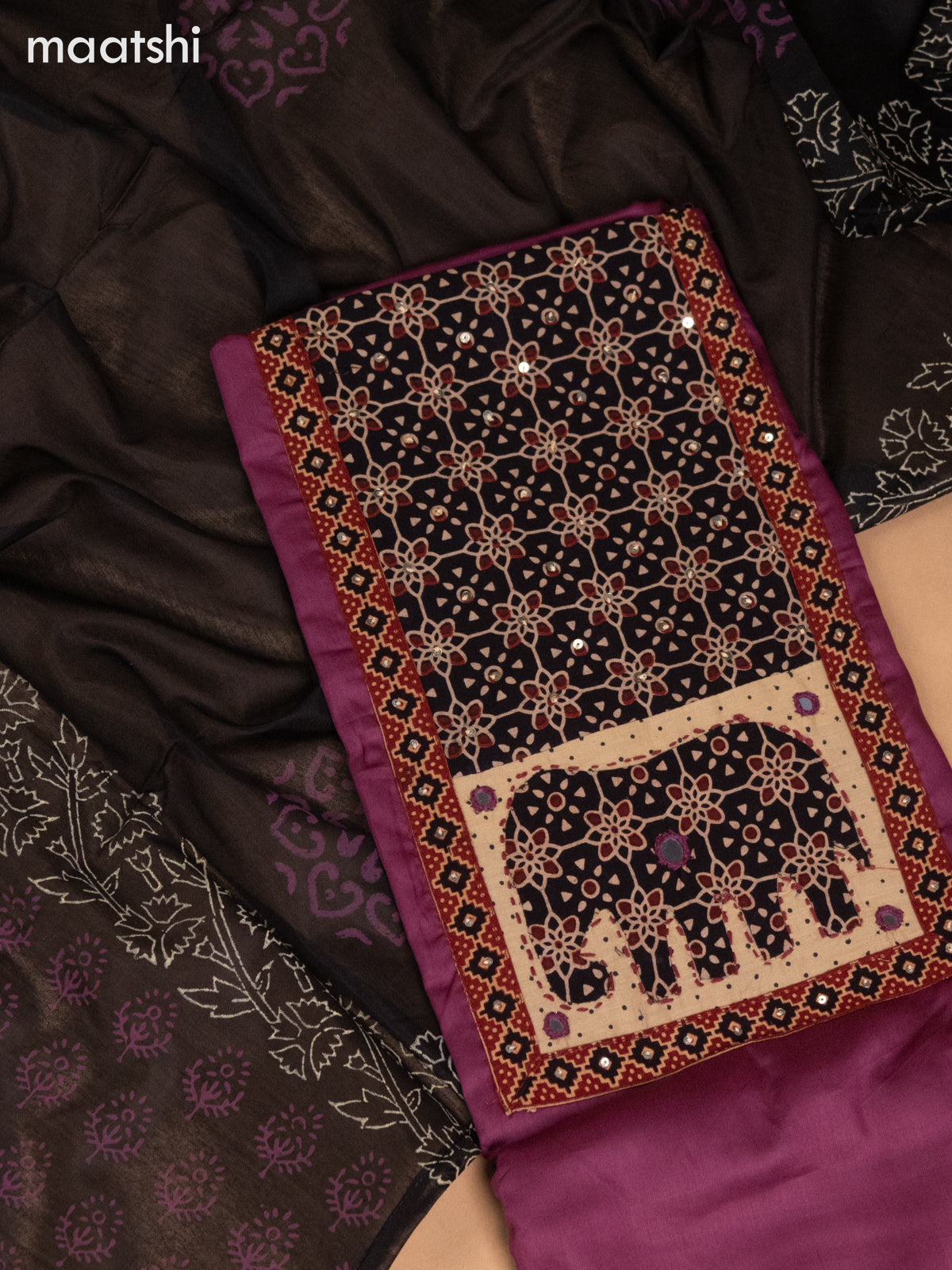 Cotton dress material mauve pink and black with ajrakh patck neck work pattern and bottom & dupatta