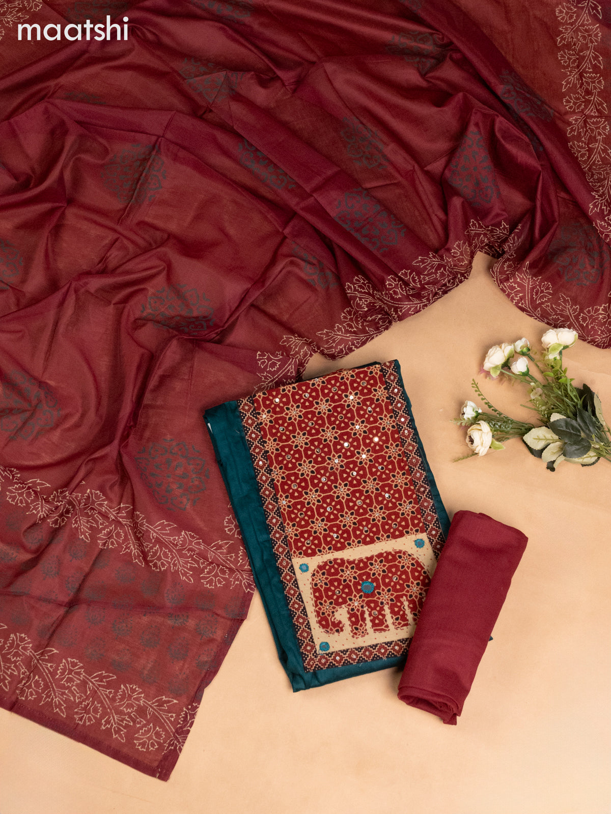 Cotton dress material peacock green and maroon with ajrakh patck neck work pattern and bottom & dupatta