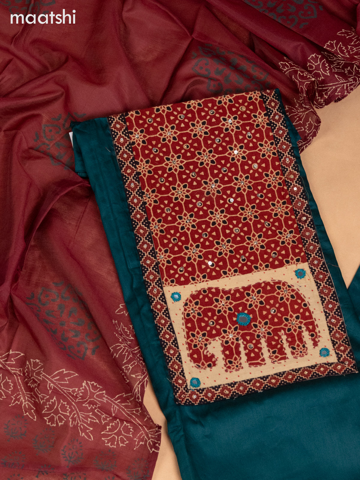 Cotton dress material peacock green and maroon with ajrakh patck neck work pattern and bottom & dupatta